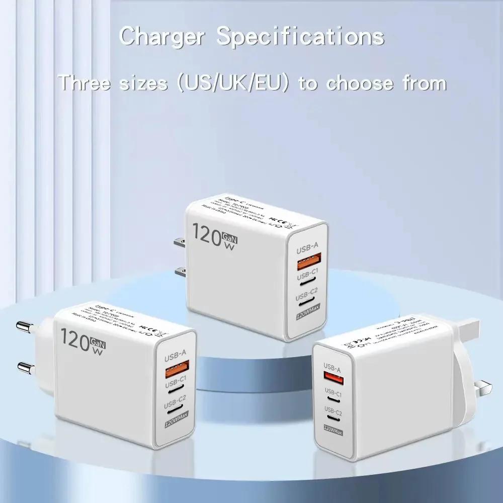 120W 3 Ports USB Charger Type C Fast Charging EU/US Plug Wall Charger 6A Type C Cable For  Mate 50 60 Honor Quick Charger