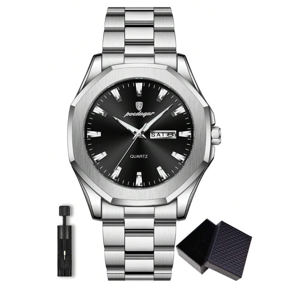 POEDAGAR 1pc Casual Men's Stainless Steel Quartz Wristwatch, Dual Date Display, Business Waterproof Luminous Wristwatch, Men's Gift