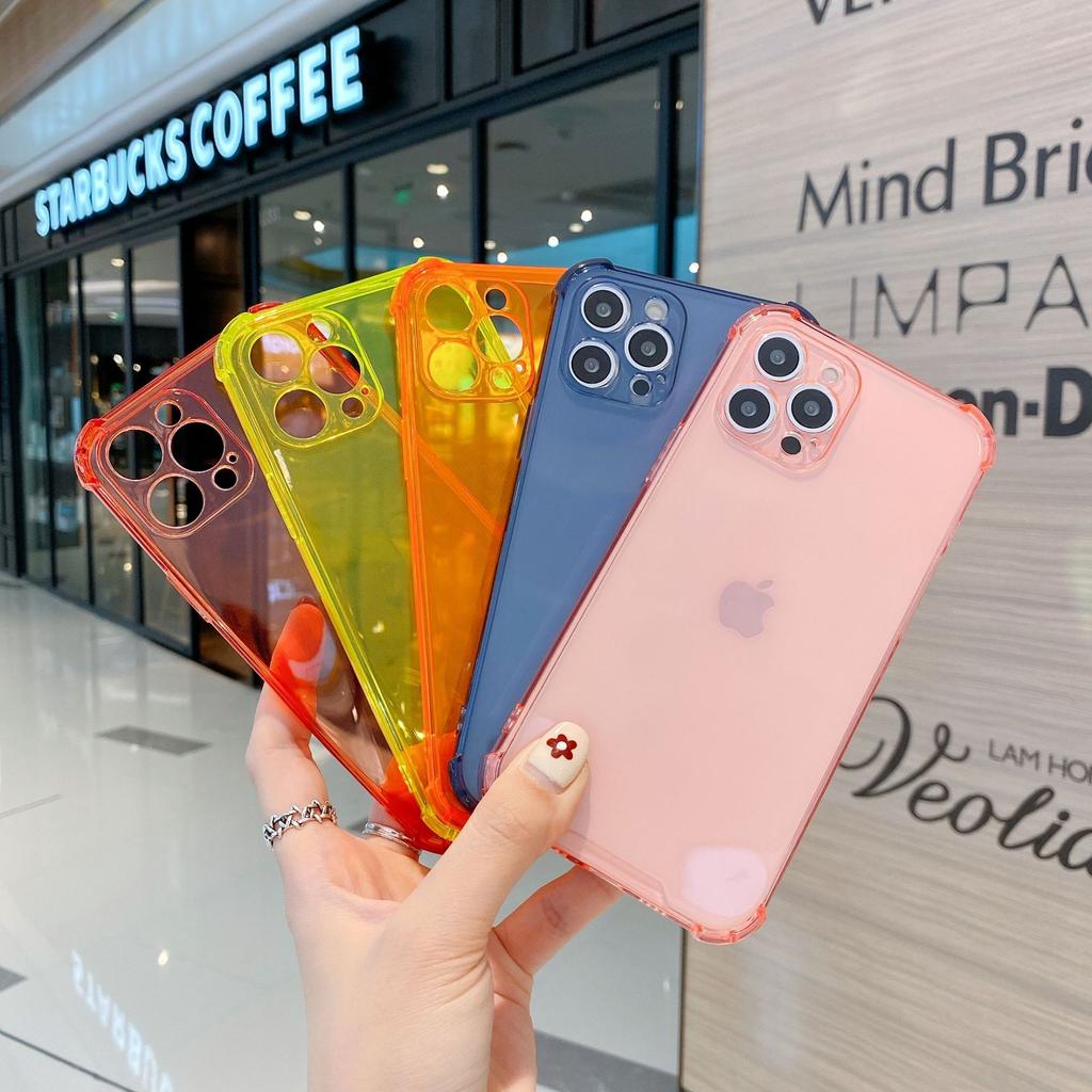 Applicable To iPhone14 Four-corner Anti-drop Fluorescent Case Creative Color Transparent Solid Color Anti-drop Mobile Phone Case Apple 15PROMAX