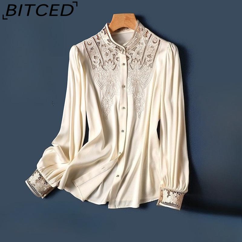 

BITCED Luxury Elegance Silk-Like Fabric Embroidered Lace-Up Blouse Women s Long-Sleeve Fashionable Silk Top XXXL