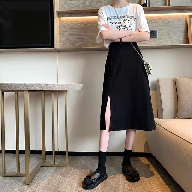 Women's Autumn Knee-Length A-Line Split Skirt Tailored Long Skirt Suitable for Pear-Shaped Figures Mid-Length Half Skirt