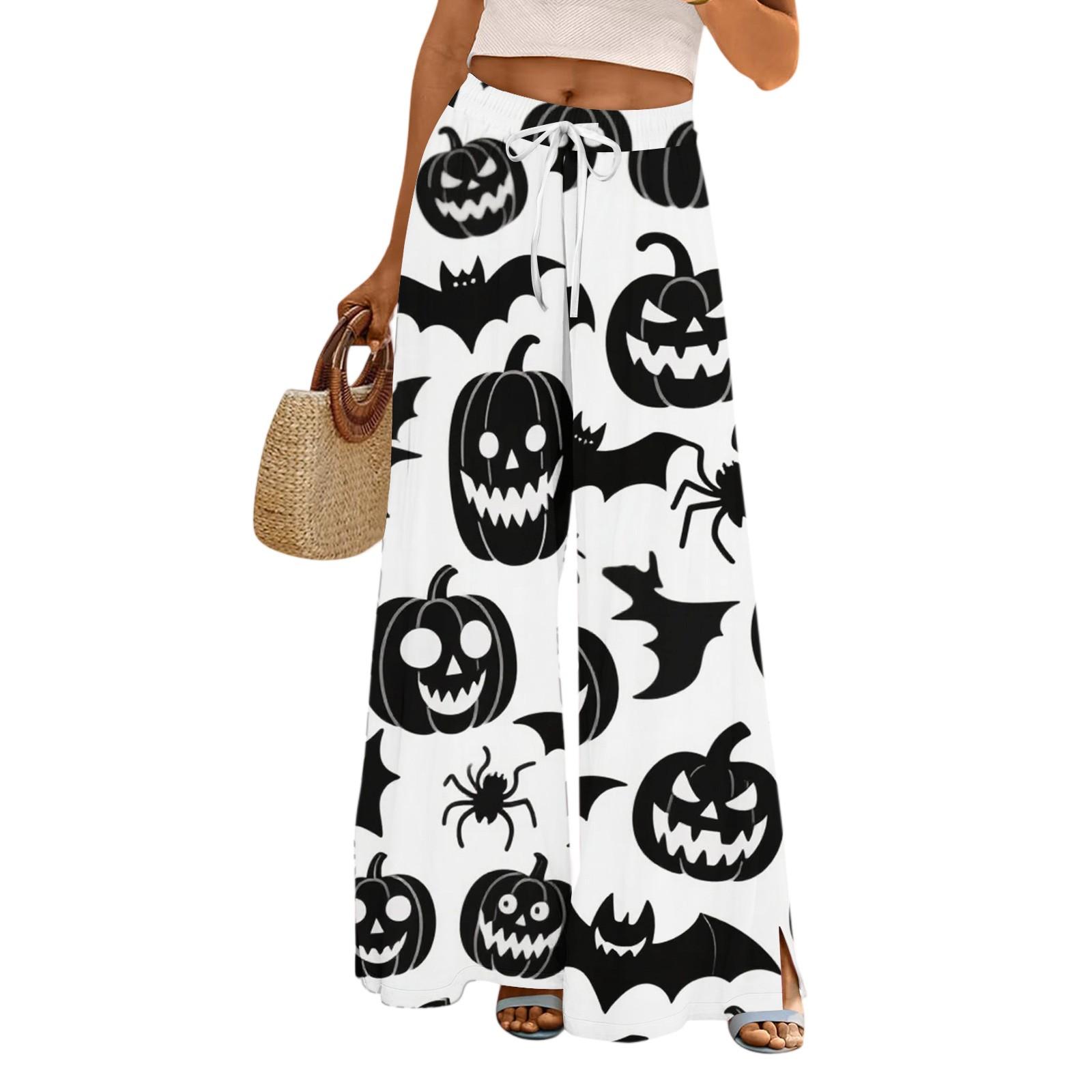 

Women s Halloween Printed Wide Leg Pants With Pockets High Waist Drawstring Loose Casual Pants L
