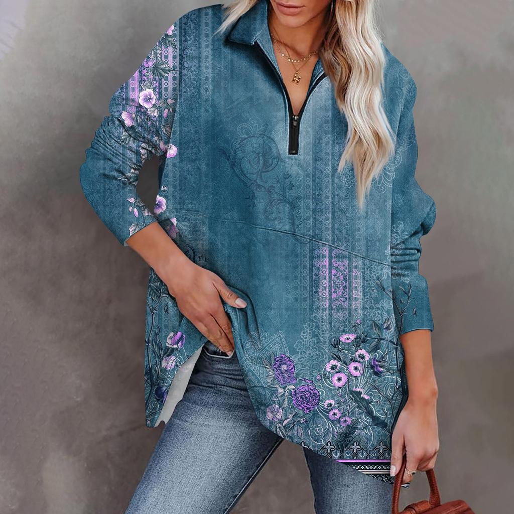 Damen Lässiges Übergroßes Sportshirt mit Halbreißverschluss Langärmlig Bedruckt mit Tasche Pullover-Top