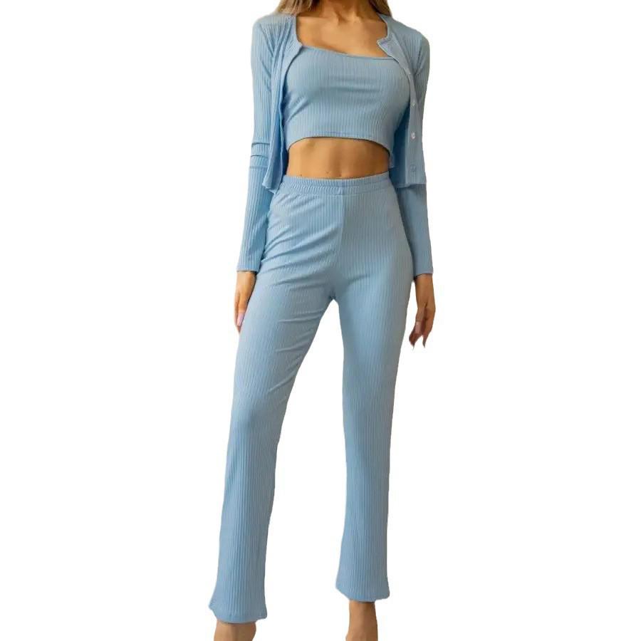 Ribbed Knit Women's Three-Piece Pajama Set with Long Pants & Sleeves
