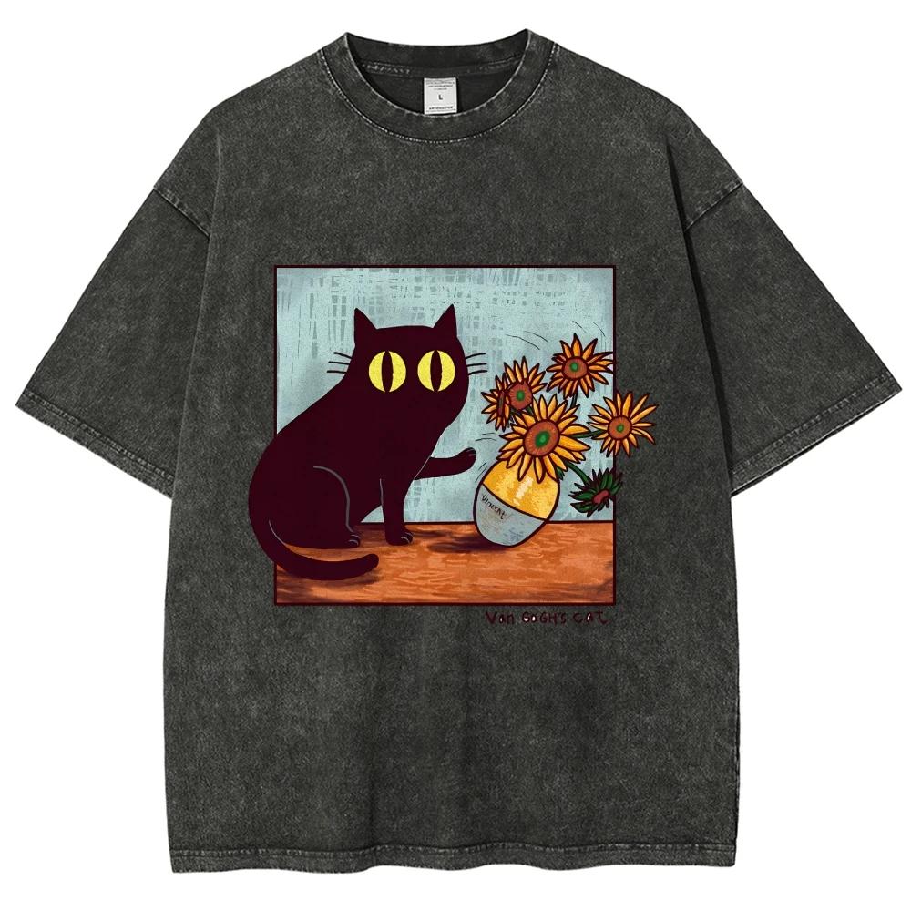 Cartoon Cat vase print T-shirt fashion men's and women's casual short-sleeve breathable comfortable top clothing