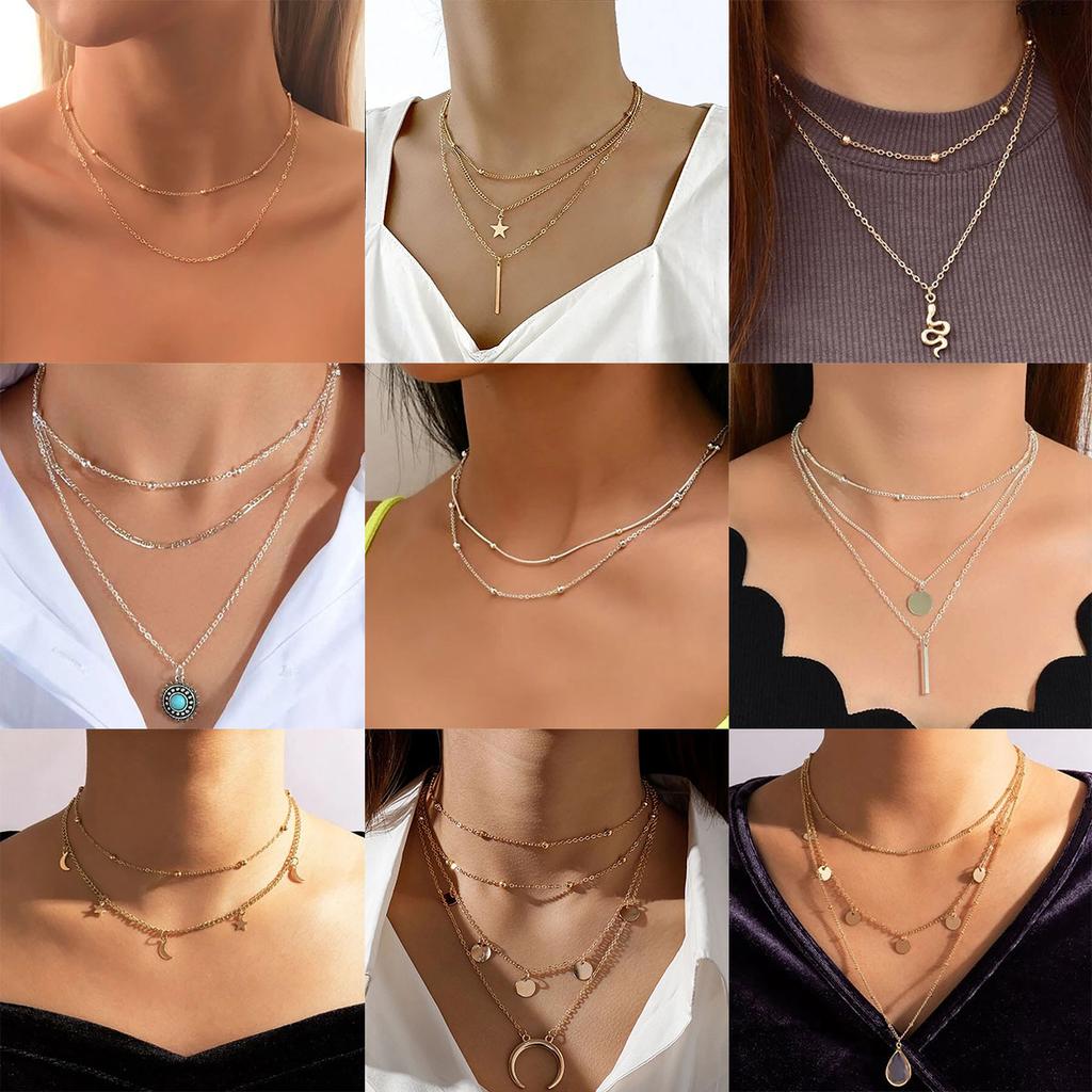 Boho Star Moon Heart Snake Sequin Pendant Necklace Ladies Multilayer Gold Metal Clavicle Necklaces Girls Jewelry