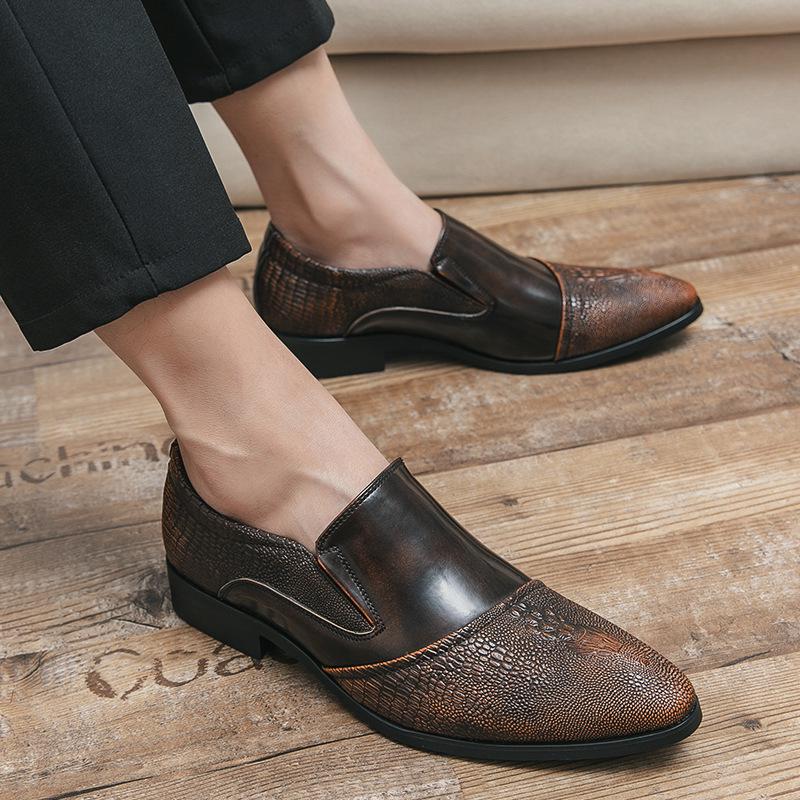 Men s Retro Slim Fit Burnished Leather Shoes - Pointed Toe Crocodile Grain, Size 48 44 коричневый