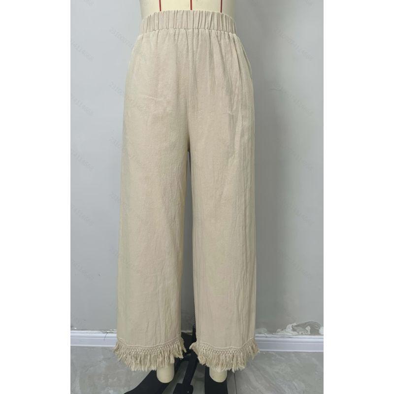 

European and American New Fashion Casual Loose Tassel Wide-Leg Pants Elastic Waist Trousers Tassel Casual Pants Apricot XL