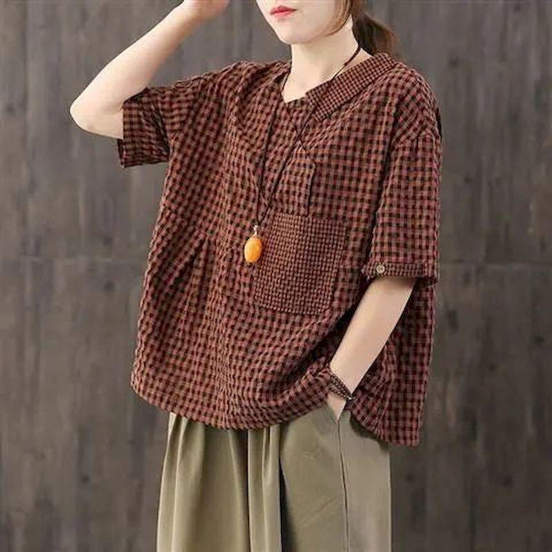 T-shirt da Donna in Cotone e Lino con Mezza Patta Stile Western Estivo Manica Corta Tasca Retrò Letterario Taglia Grande Top a Quadri Largo