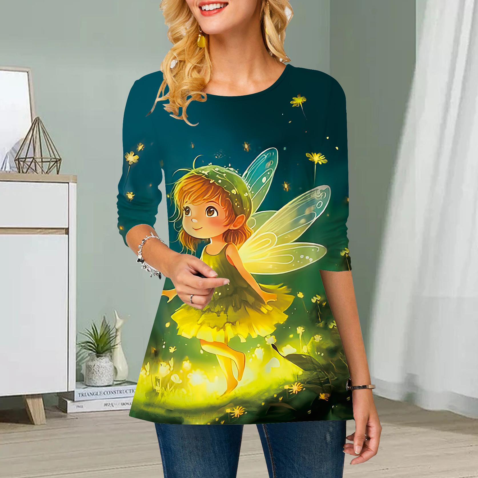 

Плюс Размер Женский Цветочный Фея Принт Круглый Вырез Повседневный Свободный Длинный Рукав Топ 8XL жёлтый