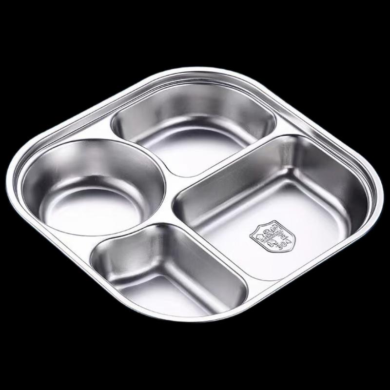 Large 304 Stainless Steel Square 4-Compartment Meal Plate with Lid