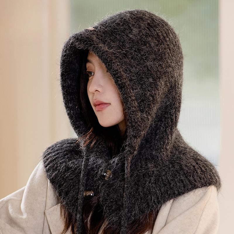Gorro de malha aconchegante com pompom e aquecedor de pescoço integrado - forrado de lã, não elástico, lavável à mão - chapéu de inverno feminino estiloso
