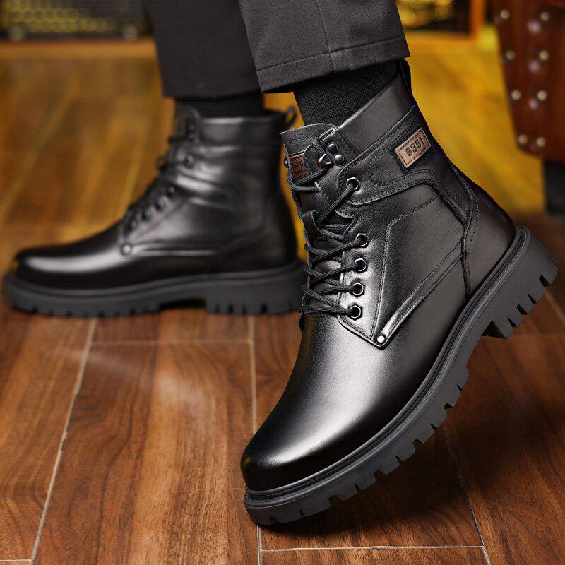 Men's High-Top Leather Martin Boots - Winter Wool Lined, Thick Sole, Warm Cotton Snow Boots