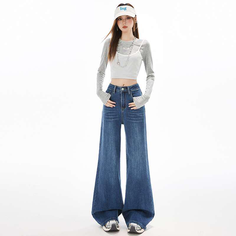 Early Spring Retro Washed Blue High-Waisted Women s Micro-Flare Bell Bottom Pants XL