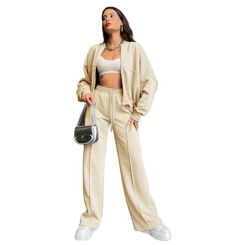Autumn Women's Thick Hoodie Coat + Drawstring High Waist Loose Casual Pants Set Lined Fleece Woman's Clothing Street