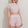 Ensemble de Sport confortable et Sexy pour femmes, couleur unie, col rond, manches courtes, haut court, taille haute, pantalon