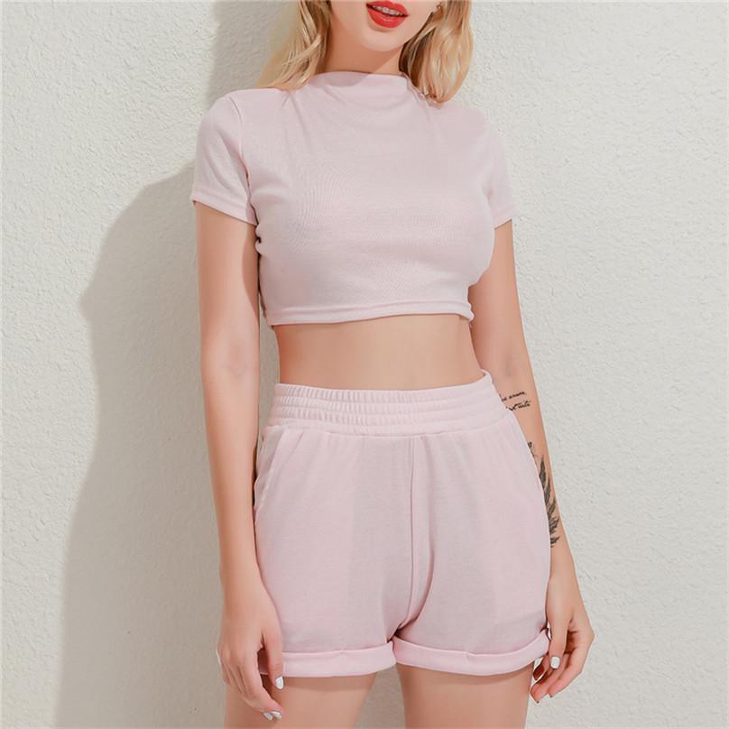 Ensemble de Sport confortable et Sexy pour femmes, couleur unie, col rond, manches courtes, haut court, taille haute, pantalon
