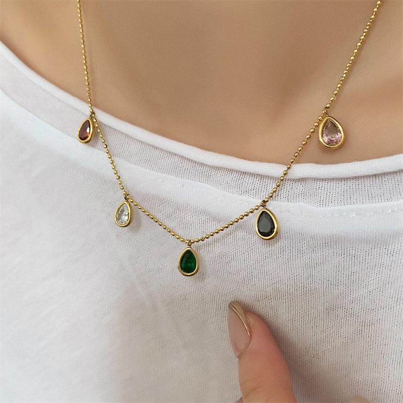 European & American Style Colorful Zircon Water Drop Pendant Necklace, Women's Clavicle Chain, 18K Gold Plated Titanium Steel