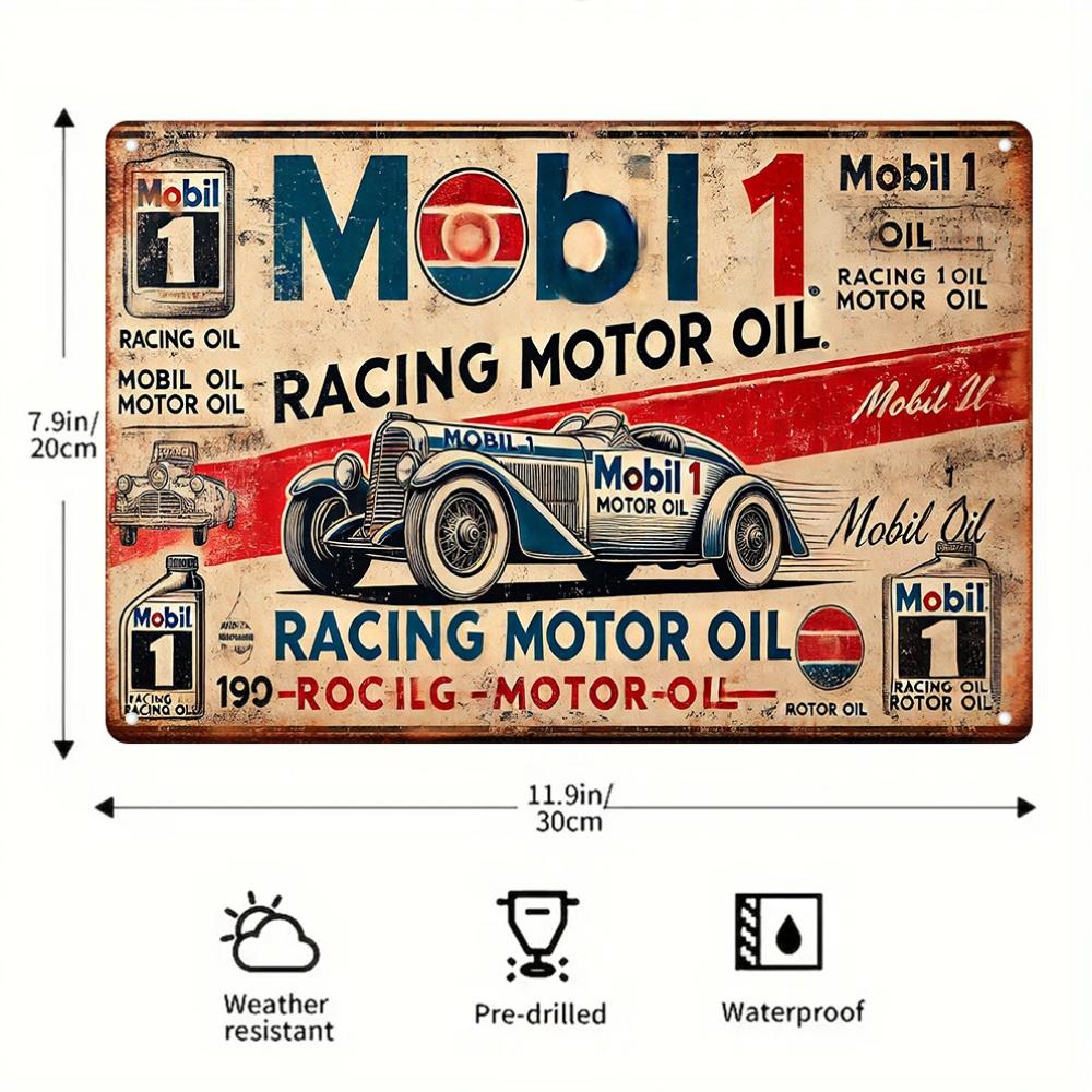 2D Flat, Vintage Mobil 1 Racing Motor Oil Metal Tin Sign - Rustic Iron Wall Art with Classic Car Design, Red & White Retro Decor