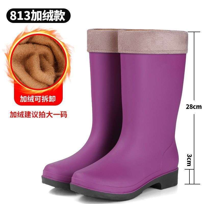High tube rain shoes water boots thickened fashion waterproof and non-slip water shoes rubber shoes rain boots velvet adult women's thermal overshoes