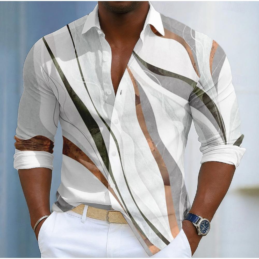 Men's Geometric Pattern Printed Long Sleeve Shirts Casual Cardigan New Button Holiday Fashion Shirts