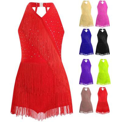 Kids Girls Latin Dance Costume Glittery Rhinestones Fringe Leotard Halter V-neck Sleeveless Strappy Back Tassel Jumpsuit