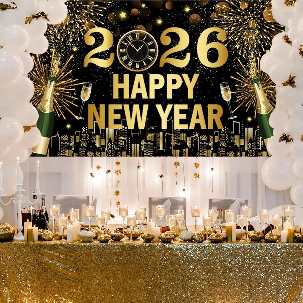 Black and Gold New Years Eve Party 2026 Banner, Large Happy New Year 2026 Banner, NYE Celebration Party Decoration for Friends, Family, Fireplaces,