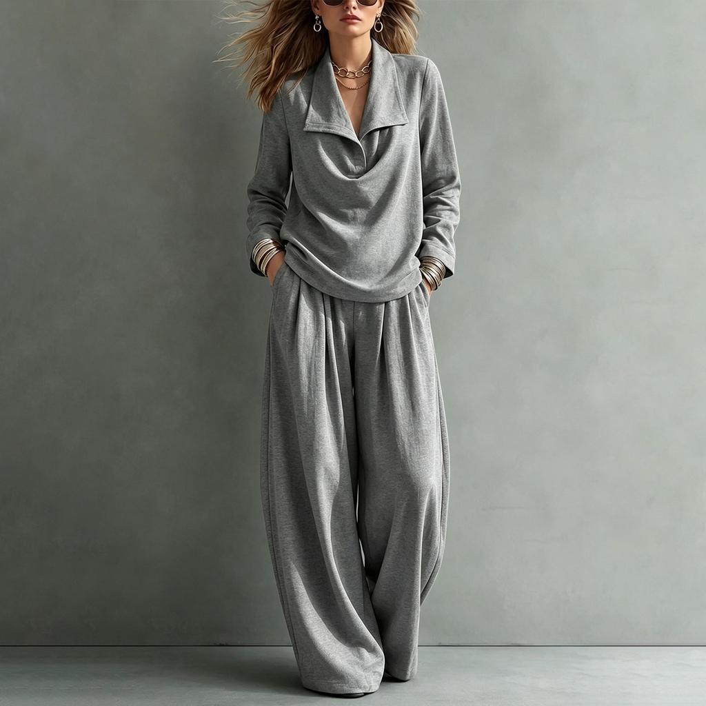 Women's Color Casual Two Piece Set with Collar Sweatshirt and Pants with Pockets