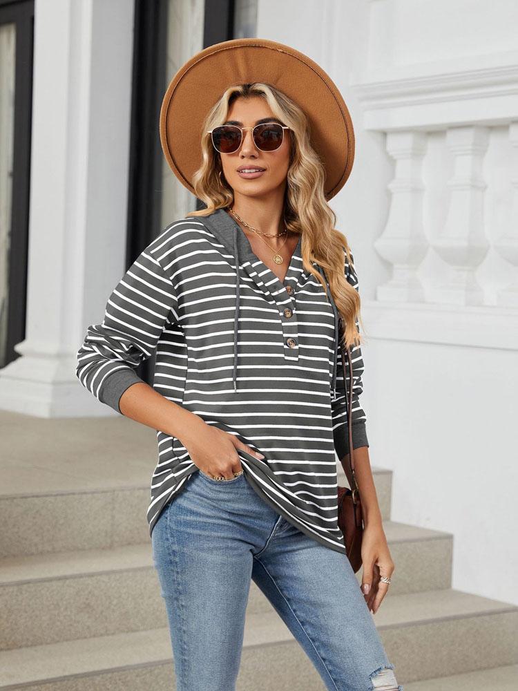 Elegant and Fashionable Fall and Winter Comfortable Hooded Button Drawstring Casual Long Sleeve Sweatshirt Top Pullover Hoodies