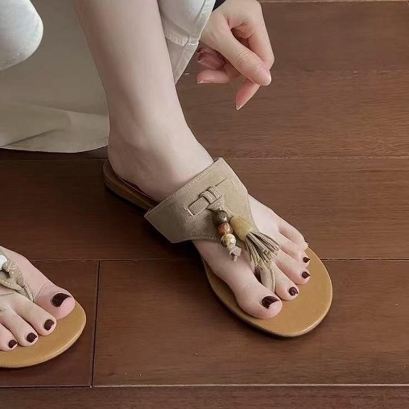 Retro Metal Pendant Decoration Flip Flops Woman Fashion Square Toe Low Heel Slippers Summer Outdoor Casual Sandals