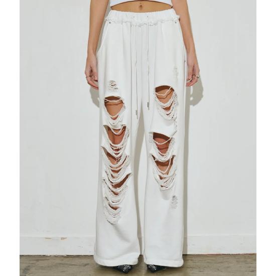 Wide-Leg Distressed Jersey Pants White