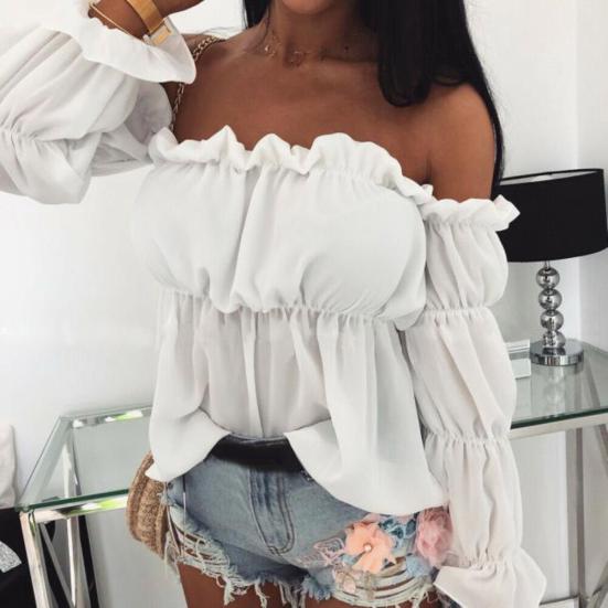 Women Sexy Solid Color Long Sleeve Off Shoulder Ruffled Edges Short Blouse Top