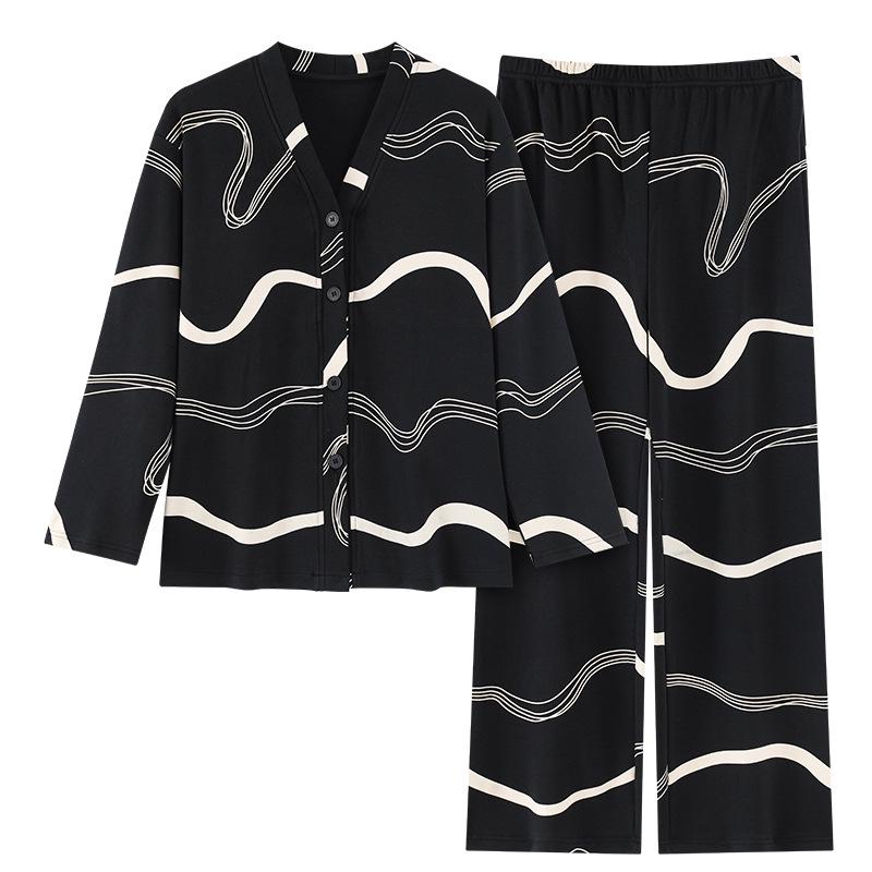 Women's Retro Print Cotton Pajama Set - V-Neck Cardigan, Loose Fit, Comfy Korean Style, Spring/Autumn.