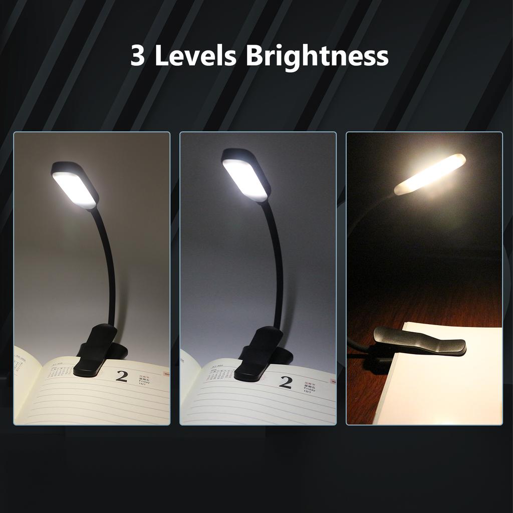 LED Clip On Book Light, 3 Brightness Flexible Night Reading Lamp and Eye Charging Night Light for Kids   On Book