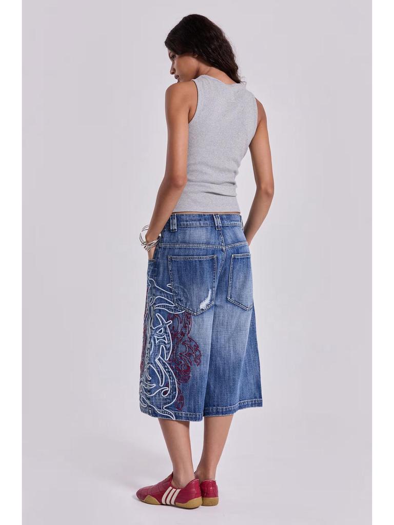 Y2K Embroidery Design Loose Floor-Length Unisex Jeans
