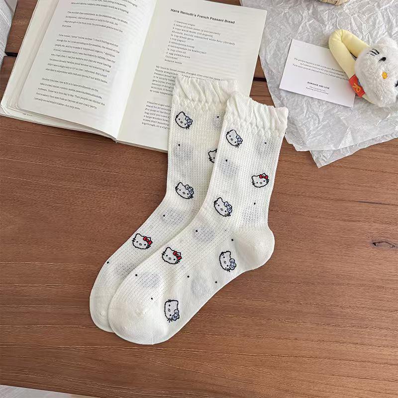 Korean Style Cute Cartoon Cat Mesh Socks - Color Block, Breathable Cotton, Mid-Calf Length One Size