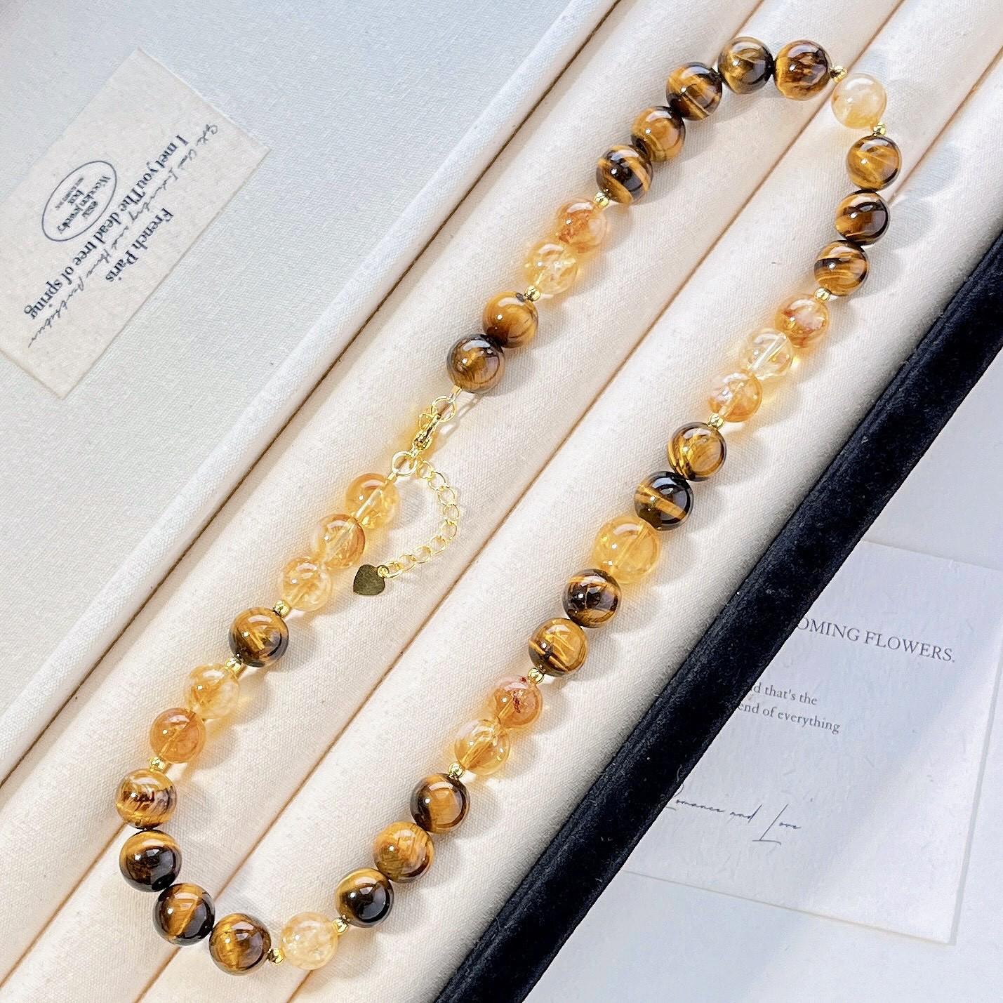 

10Mm Natural Citrine Tiger S Eye Design Clavicle Chain Necklace