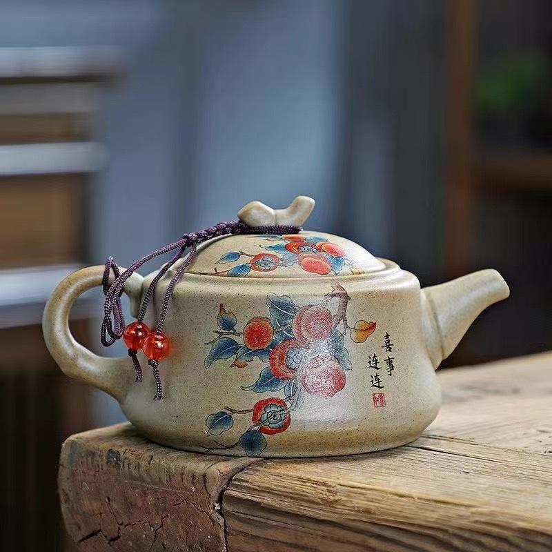 Wykwintny ceramiczny czajnik do herbaty Klasyka Chin Gruboziarnista ceramika Czajnik z uchwytem Ceramika Czajnik z drewna tekowego Czarny Zielony fioletowa glina Zestaw do herbaty z surowej rudy