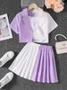 3 Pcs Girls Preppy Skirt Set, Color Block Blazer Jacket with Heart Tee and Pleated Skirt, Trendy Outfits for Kids 8-12 Years
