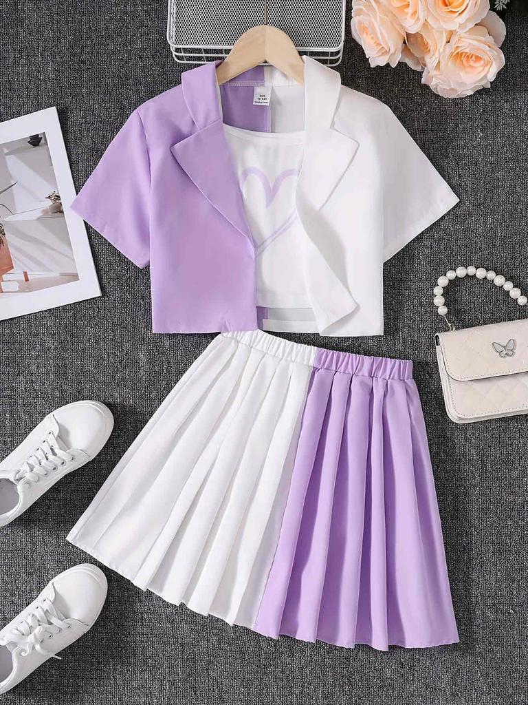 3 Pcs Girls Preppy Skirt Set, Color Block Blazer Jacket with Heart Tee and Pleated Skirt, Trendy Outfits for Kids 8-12 Years