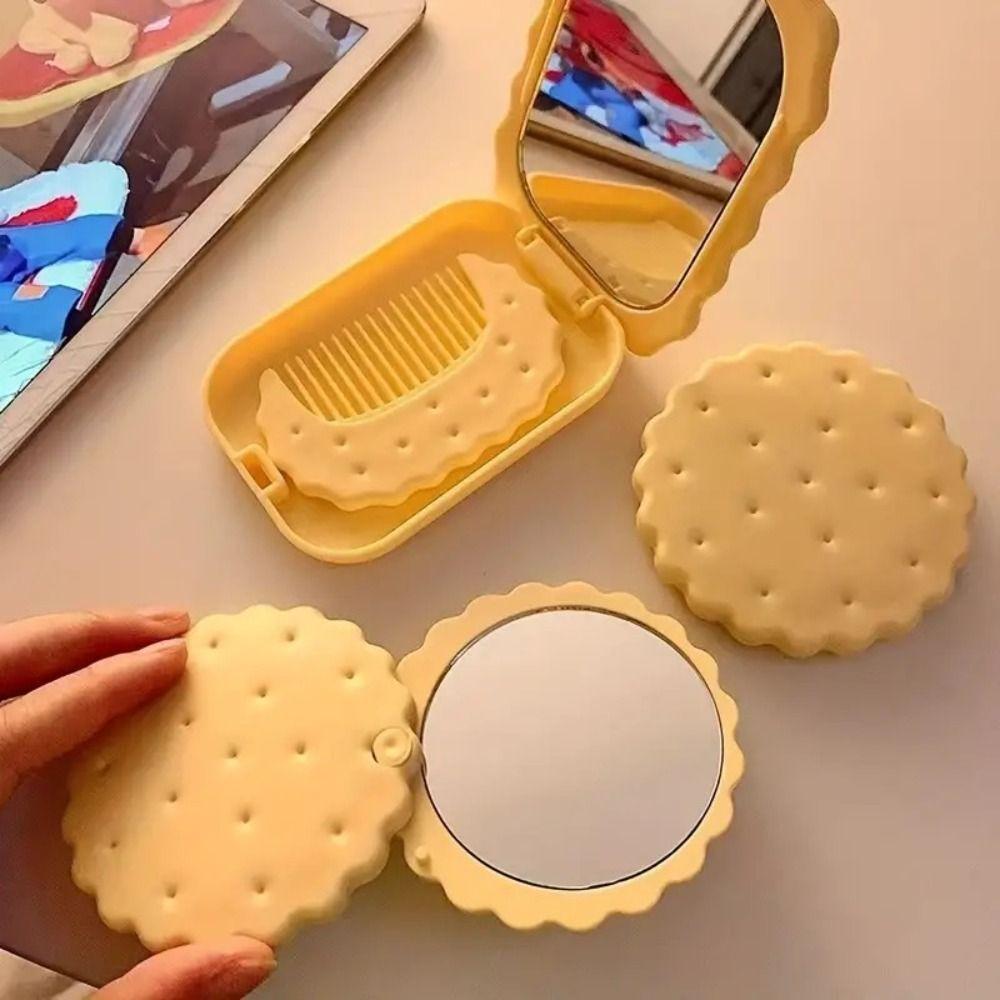 Portable Biscuit Make-Up Mirror Cheese Biscuit Design Biscuit Pocket Mirror Daily Use