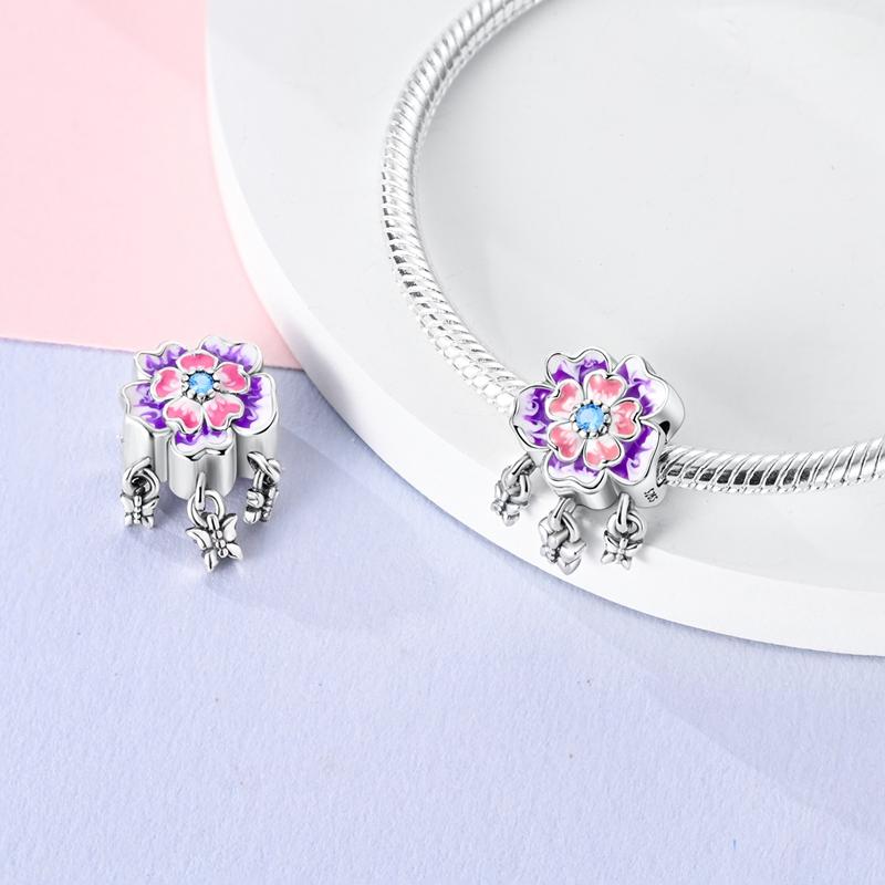 Charm Copper Pinkish-Purple Flower Butterfly Pendant Fits Charm Plata Genuine Bracelets Bead Women Jewelry Crafting