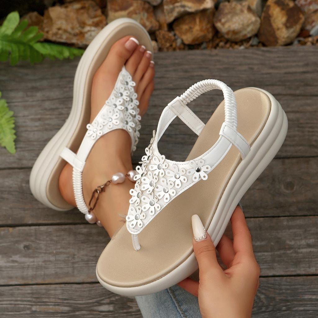 Fashion Women's Summer New Fashion Bohemian Style Flowers Clip-toe Sandals Vacation Outdoor Casual Thick-soled Thong Sandals Flip Flops