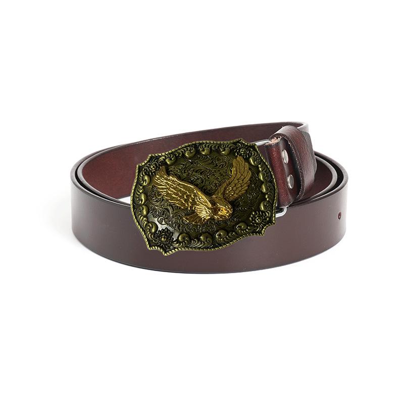 Vintage Cowhide Leather Eagle Belt - Western Cowboy Style for Youth & Stylish Guys