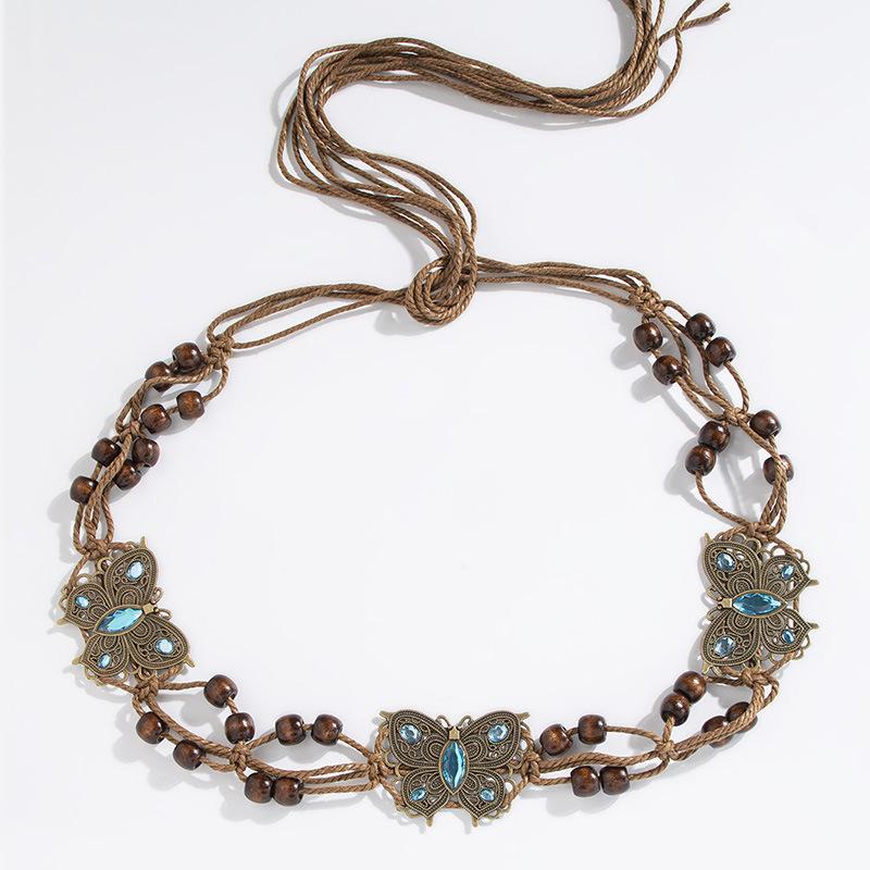 

Boho Style Butterfly Rhinestone Knotted Ethnic Style Handmade Wooden Beads Women s Belt Casual Vacation Style Waist Rope 175cm