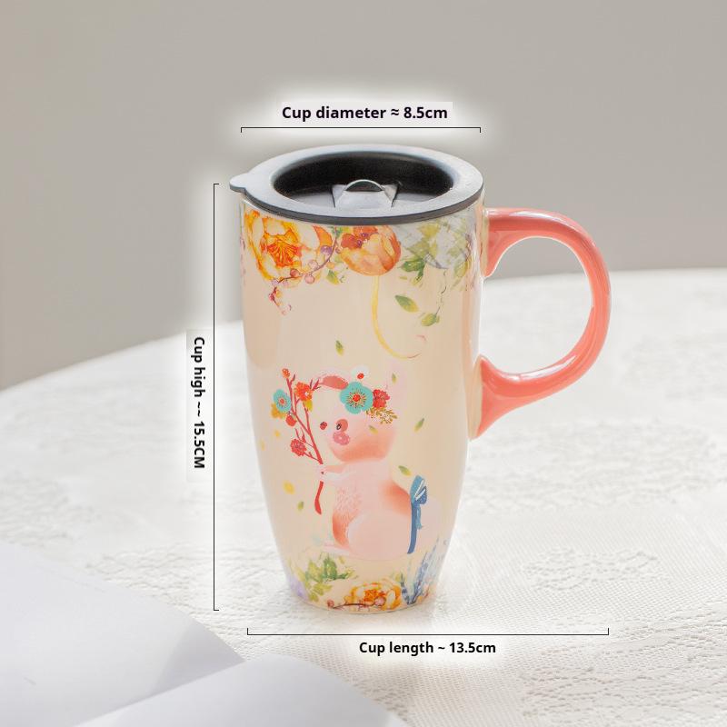 500ML Immortal Forest Mystery Animal Ceramic Cup, Large-capacity Water Cup, Coffee Cup with Lid, Couple's Cute Mugs Cup