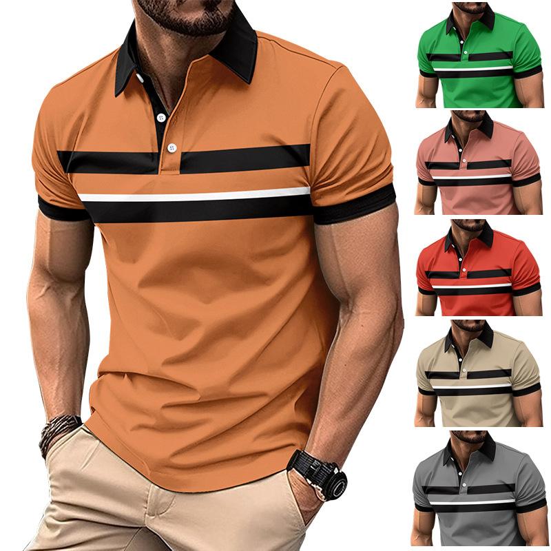 New Men's Casual Polo Shirt Lapel Striped Button Down Business Digital Printing Versatile Tops