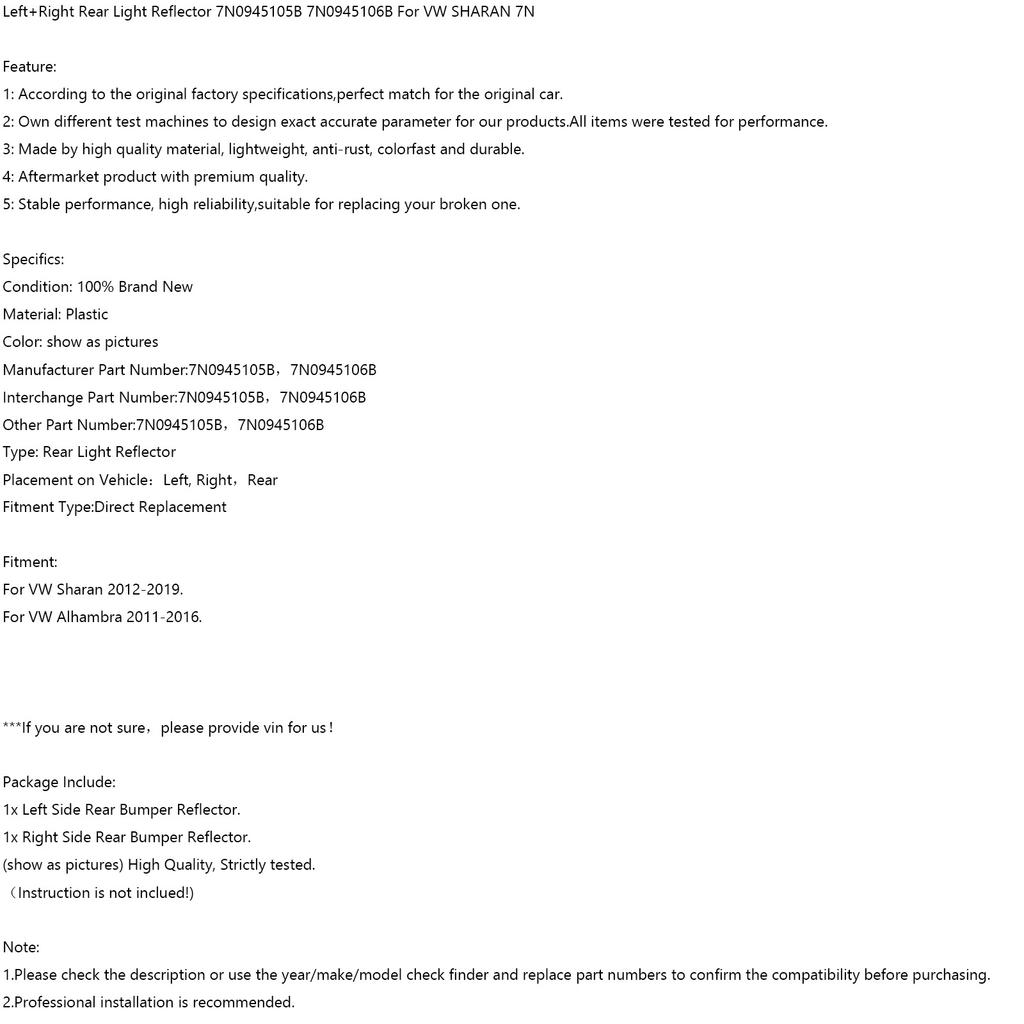 L+R Rear Light Reflector 7N0945105B 7N0945106B For VW SHARAN 7N