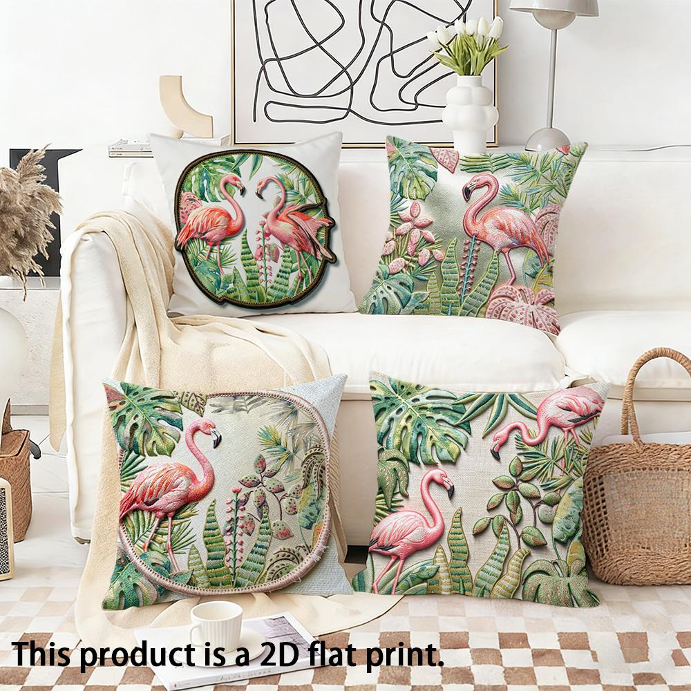 Green Plant Flamingo Pattern Double-sided Printed Pillow Cover Short Plush Suitable Living Rooms Bedrooms Throw Cushion Cover
