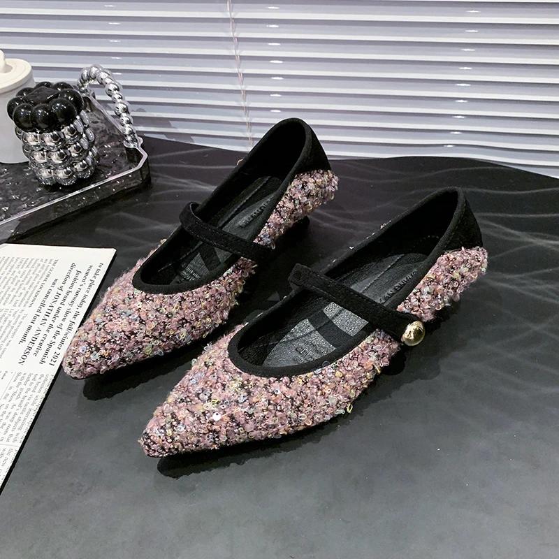 Módní pantofle na jemném podpatku Jaro Nové Špičatá špička Mělký výkroj Flanel Kovová přezka Jednoslovné Protiskluzové Jednoduché boty